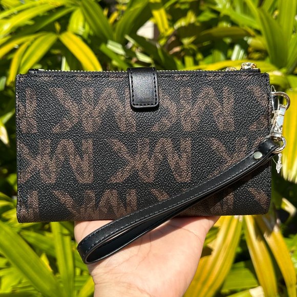 Michael Kors Jet Set Travel Large Double Zip Wallet MK Graphic Logo Brown Black - Picture 2 of 10